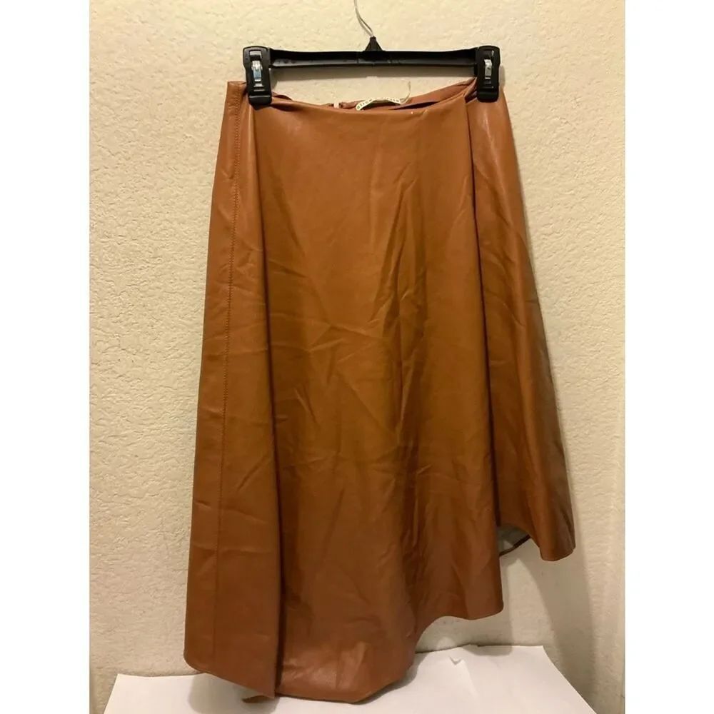 Alice + Olivia Cognac A-Line asymmetrical faux Leather Skirt